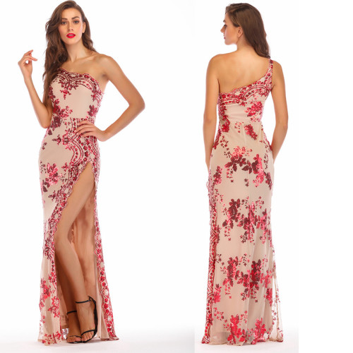 Glitter Custom Clothes Sequin Printed Sexy High  Slit Maxi Long One Shoulder Evening Dress for Women