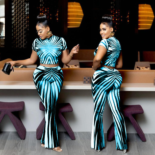 BR5010 New Distinctive Street Stripe Printed Perspective Mesh Navel Slim Pants Suit