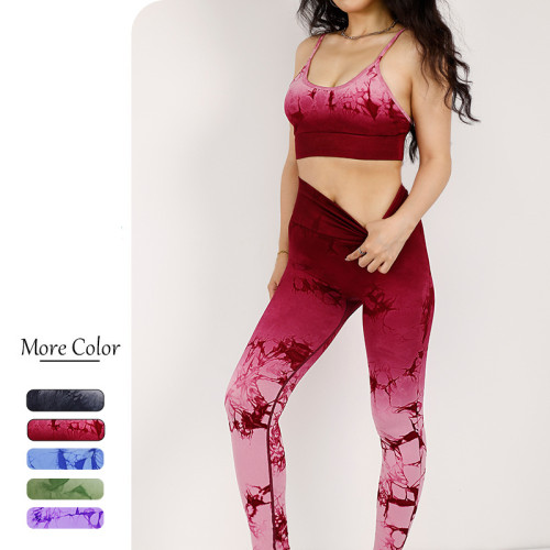 Wholesale Tie Dye Women's Gym Sets Gradient Print Sexy Back Bra High Waist Yoga Leggings Sports Pants Fitness Outfit for Women
