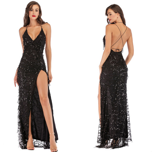 2021 Clothes Sexy V-Neck Sling Backless Bandage Sequins Long Maxi Woman Party Elegant Evening Dresses