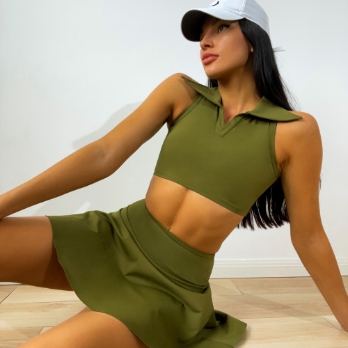 Women's Summer Sports Two-Piece Set High Waist Anti-Light Tennis Skirt Suit Solid Short Yoga Sports Clothing New Shirt Collar