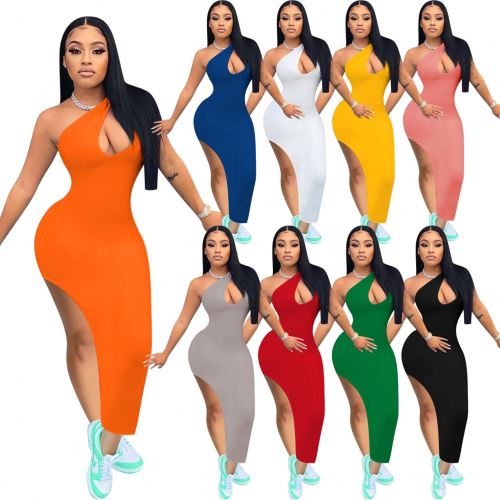 Summer Clothing Split Casual Women Dresses Ladies Solid Sloping Shoulders Dresses With Stretchy 2024 Womens Dresses