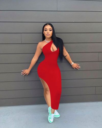 Summer Clothing Split Casual Women Dresses Ladies Solid Sloping Shoulders Dresses With Stretchy 2024 Womens Dresses