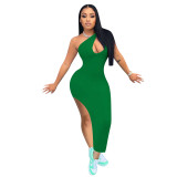 Summer Clothing Split Casual Women Dresses Ladies Solid Sloping Shoulders Dresses With Stretchy 2024 Womens Dresses