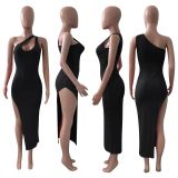 Summer Clothing Split Casual Women Dresses Ladies Solid Sloping Shoulders Dresses With Stretchy 2024 Womens Dresses
