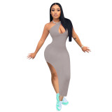 Summer Clothing Split Casual Women Dresses Ladies Solid Sloping Shoulders Dresses With Stretchy 2024 Womens Dresses