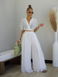 Women's Casual Vacation Style Summer Collar Short Top High Waist Loose Pants 2 Piece Set