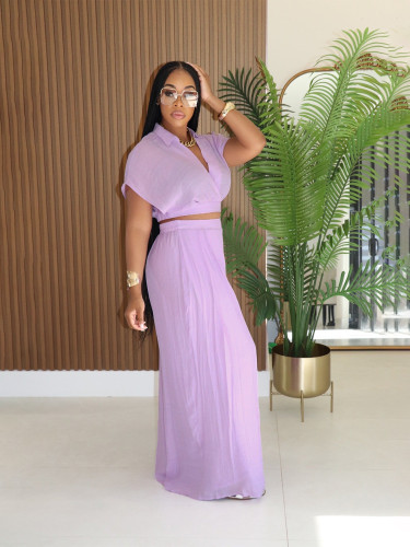 Women's Casual Vacation Style Summer Collar Short Top High Waist Loose Pants 2 Piece Set