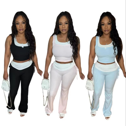 2025 New Women's Pit Strip Splicing Color blocked Tank Top Micro Horn Casual 2 Piece Set