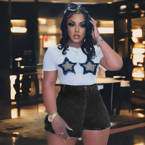 Think 2025 Fashion Five-pointed Star Patchwork White T-shirts Women Casual O-neck Short Sleeve Slim Crop Tops