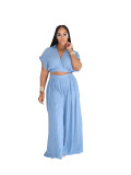 Women's Casual Vacation Style Summer Collar Short Top High Waist Loose Pants 2 Piece Set