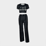 New Street Hiphop Two Piece Pants Set Solid Color Letter Print Short Sleeve T-shirts Straight Trouser Suit Women