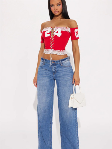 Tax Included Summer New Slim Fit Printed Street Sexy Lace up Hollow Backless Lace Vest Top