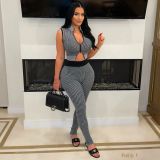 Tax Included New 2025 Striped Knit Casual Women Sleeveless Zipper Crop Top and High Waist Pants 2 Piece Set