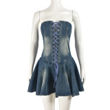 Denim Dress Cotton Summer Women's Strapless Zipper Lace-up Ruffled Sexy Jeans Dress Denim Mini Dress for Women