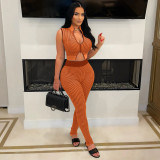Tax Included New 2025 Striped Knit Casual Women Sleeveless Zipper Crop Top and High Waist Pants 2 Piece Set