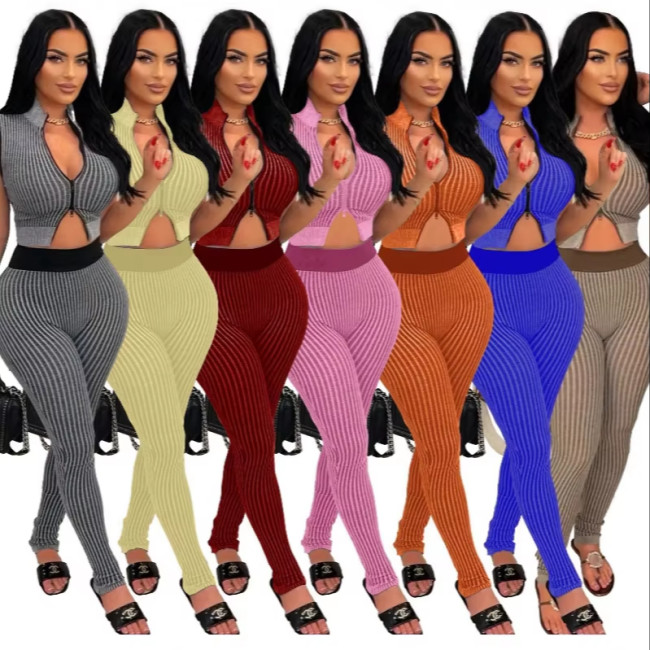 Tax Included New 2025 Striped Knit Casual Women Sleeveless Zipper Crop Top and High Waist Pants 2 Piece Set