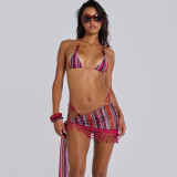 2025 Summer New Women's Fashion Sexy Hanging Neck Tassel Short Skirt Bikini 3 Piece Set