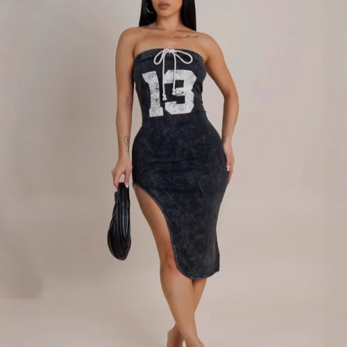 2025 Summer New Women'S Street Fashion Spicy Girl Style Irregular Printed Strapless Maxi Dress