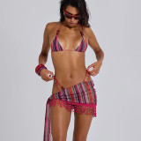 2025 Summer New Women's Fashion Sexy Hanging Neck Tassel Short Skirt Bikini 3 Piece Set