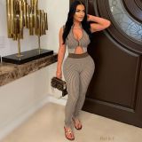 Tax Included New 2025 Striped Knit Casual Women Sleeveless Zipper Crop Top and High Waist Pants 2 Piece Set