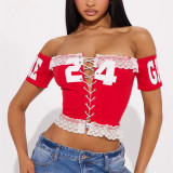 Tax Included Summer New Slim Fit Printed Street Sexy Lace up Hollow Backless Lace Vest Top