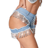 Tax Included New Tassel Sequins Lace up High Waisted bar Sexy Ripped Short Denim Shorts for Women