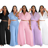 Women's Casual Vacation Style Summer Collar Short Top High Waist Loose Pants 2 Piece Set