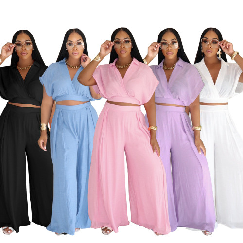 Women's Casual Vacation Style Summer Collar Short Top High Waist Loose Pants 2 Piece Set