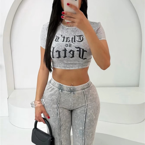 New Street Hiphop Two Piece Pants Set Solid Color Letter Print Short Sleeve T-shirts Straight Trouser Suit Women