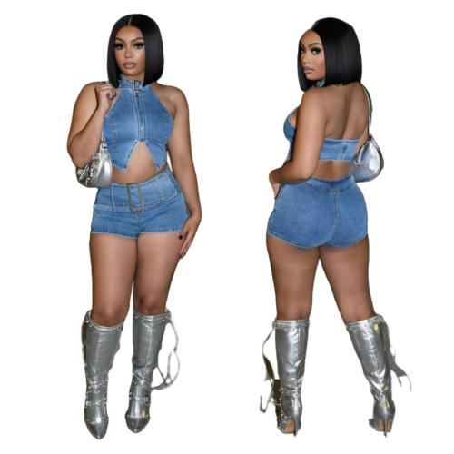 Tax Included Stretch Denim 2 Piece Set Woman Shorts Set Halter Backless Zipper Crop Top and Shorts Matching Sets