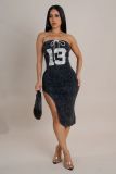 2025 Summer New Women'S Street Fashion Spicy Girl Style Irregular Printed Strapless Maxi Dress