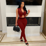 Tax Included New 2025 Striped Knit Casual Women Sleeveless Zipper Crop Top and High Waist Pants 2 Piece Set
