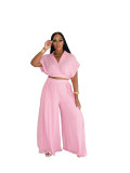 Women's Casual Vacation Style Summer Collar Short Top High Waist Loose Pants 2 Piece Set