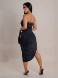 2025 Summer New Women'S Street Fashion Spicy Girl Style Irregular Printed Strapless Maxi Dress