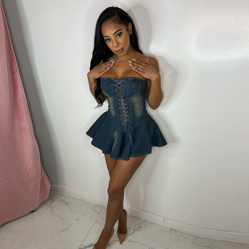 Denim Dress Cotton Summer Women's Strapless Zipper Lace-up Ruffled Sexy Jeans Dress Denim Mini Dress for Women