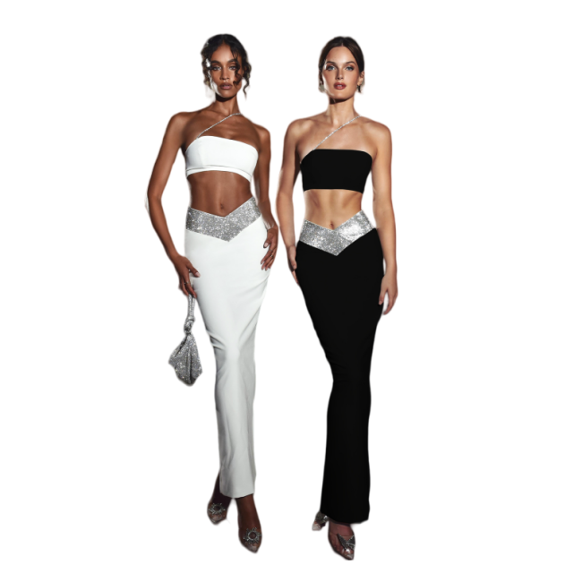 BH1087 Two-Piece for Bandage Dress Set Fashionable Sexy Party Clothing High Waist Skirt Solid Pattern Floor-Length Autumn Season