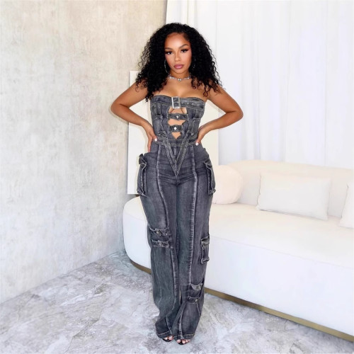 BR5505 Women's High Denim Jumpsuit Strapless Multi-Pocket Cargo Pants Pattern