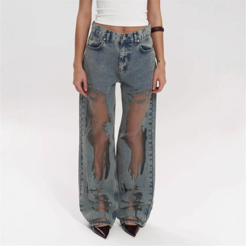 BR5474 Jeans Loose Wide Leg Straight Pants with Hollow Texture Niche Design Casual Denim for Summer Winter
