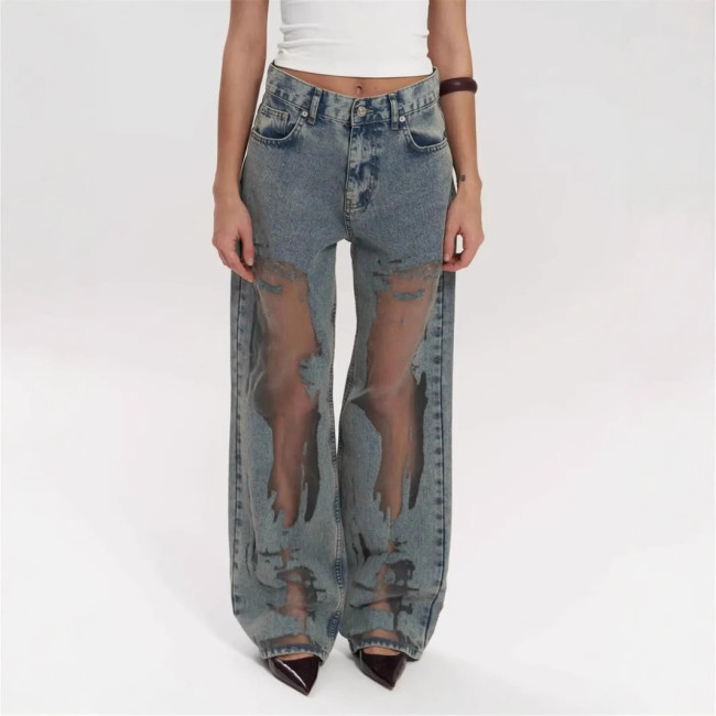 BR5474 Jeans Loose Wide Leg Straight Pants with Hollow Texture Niche Design Casual Denim for Summer Winter