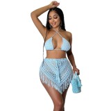 BH1477 Women's Fashion  Handmade Crochet Hollow Tassel Tube Top Sexy Short Skirt Waist Solid Two Piece Set