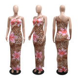 2025 New Arrivals Summer One Shoulder Women Bodycon Dress Leopard Print Slit Sexy Ladies Maxi Dress Women Casual Dresses