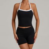 Custom Logo Exercise Shorts 2 Piece Yoga Set Halter Neck Sport Bra High Waist Shorts  Fitness Gym Yoga Sets for Women