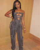 BR5505 Women's High Denim Jumpsuit Strapless Multi-Pocket Cargo Pants Pattern