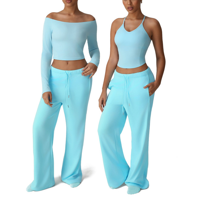 Custom Logo Athletic Tank Top Wide Straight Leg Pants Sets Women Activewear Gym Two Piece Fitness Yoga Set