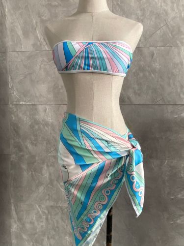 X21947C Striped Patchwork Swimsuit 3 Piece Set Women Strapless Crop Tops+briefs+ruched Knot Splits Bottoms Beach Bikini Suit