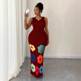 BR5470 Summer New Fashion A-Swing Dress Casual Floor-Length Cut Printed Sleeveless Neck Dress Woven Method