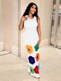 BR5470 Summer New Fashion A-Swing Dress Casual Floor-Length Cut Printed Sleeveless Neck Dress Woven Method