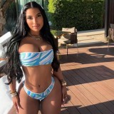 X21947C Striped Patchwork Swimsuit 3 Piece Set Women Strapless Crop Tops+briefs+ruched Knot Splits Bottoms Beach Bikini Suit
