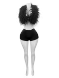 New Style Summer 2 Piece Women Outfits Sexy Backless Halter Furry Tops Match Skinny Shorts Club Wear Women Two Piece Shorts Set